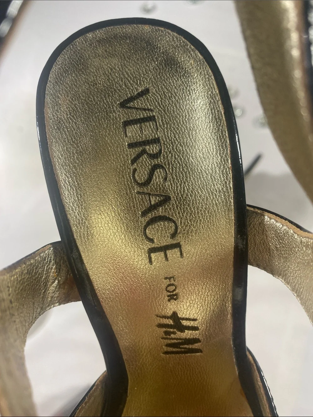 Versace for H&M Black Patent Leather Open-Toe Stiletto Heels with Gold Insole